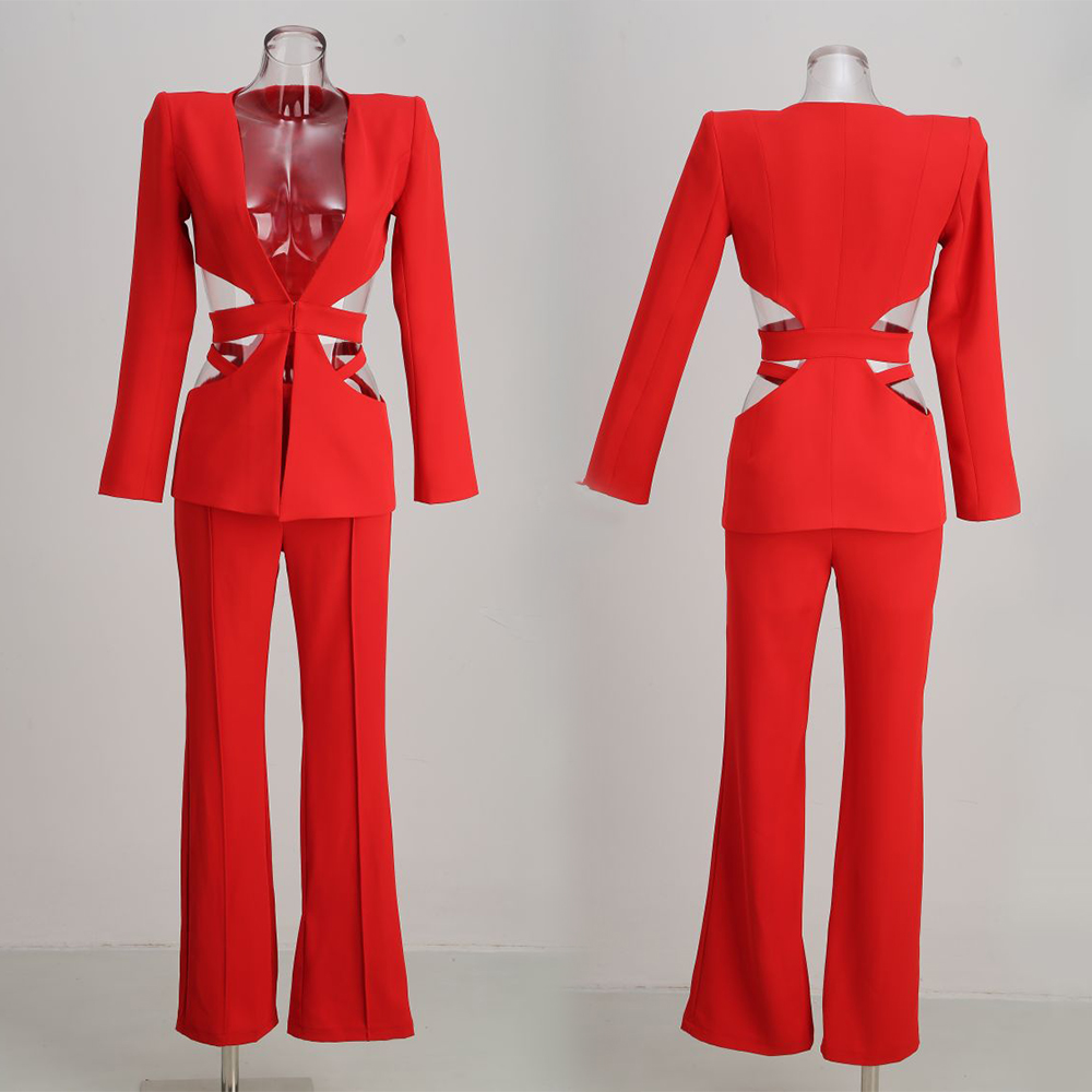 Shoulder Pad Set In - セクシーでファッショナブルな女性用カットアウトブレザーパンツセット、深いVネック、パッド入りショルダー、フレアパンツスーツ、エレガントなパーティーナイトクラブ衣装