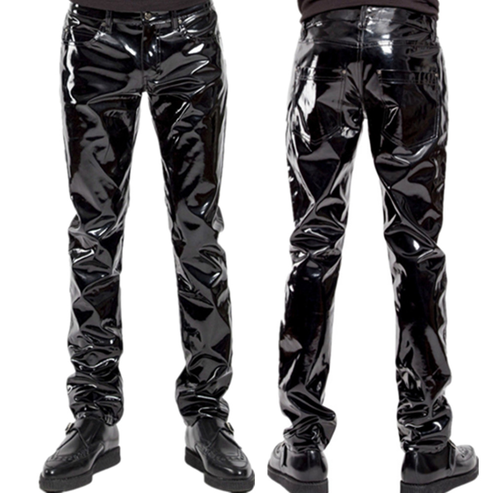 Sewing Latex - 男性用の光沢のあるPVCラテックスパンツ,オートバイ用の黒いパンツ,フェイクレザー,乗馬,防水,バイカーモーター,男性用ストリートパンツ