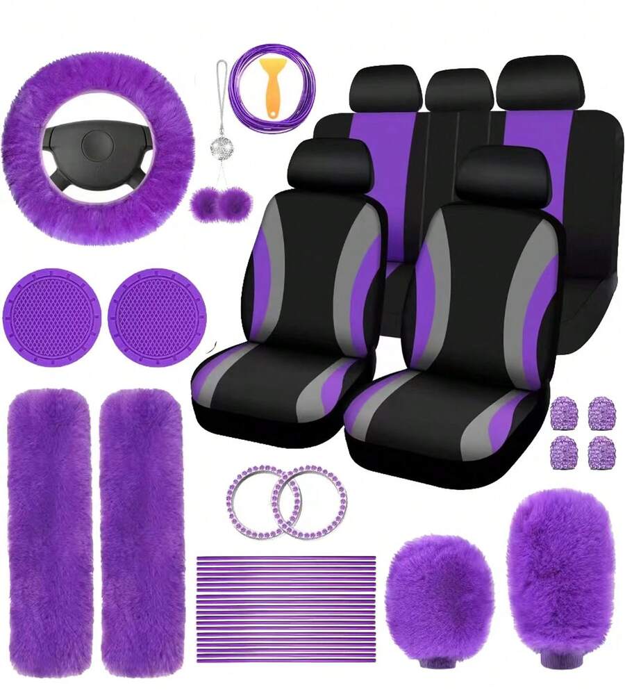 Shoulder Pad Set In - 35点セット 車用シートカバー ステアリングホイールカバー、カップホルダーコースター、ショルダーパッド、アクセサリー付き - ポリエステル生地製