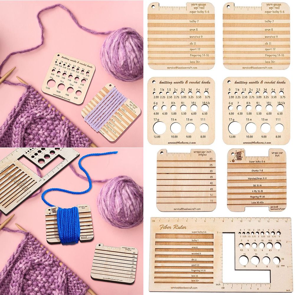 Sewing Gauge Ruler - 3/4ピース木製編み針ゲージと定規正方形の木製スピニングコントロールカードスパナ用ニットツール糸測定ツール
